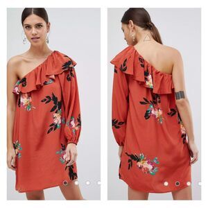 FRENCH CONNECTION Delphine Floral Print One Shoulder Dress Copper Coin Multi